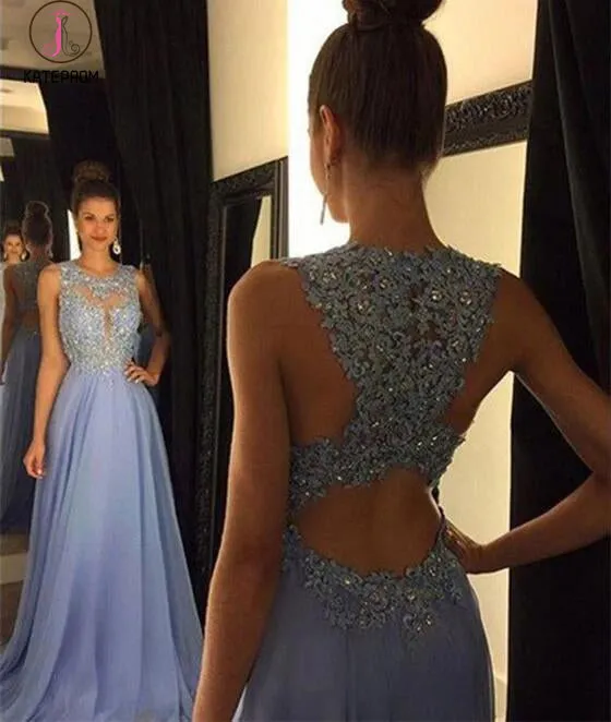 A-line Chiffon Lace Long Prom Dress,Round Neck Evening Dress,Sequin Formal Dresses KPP0214