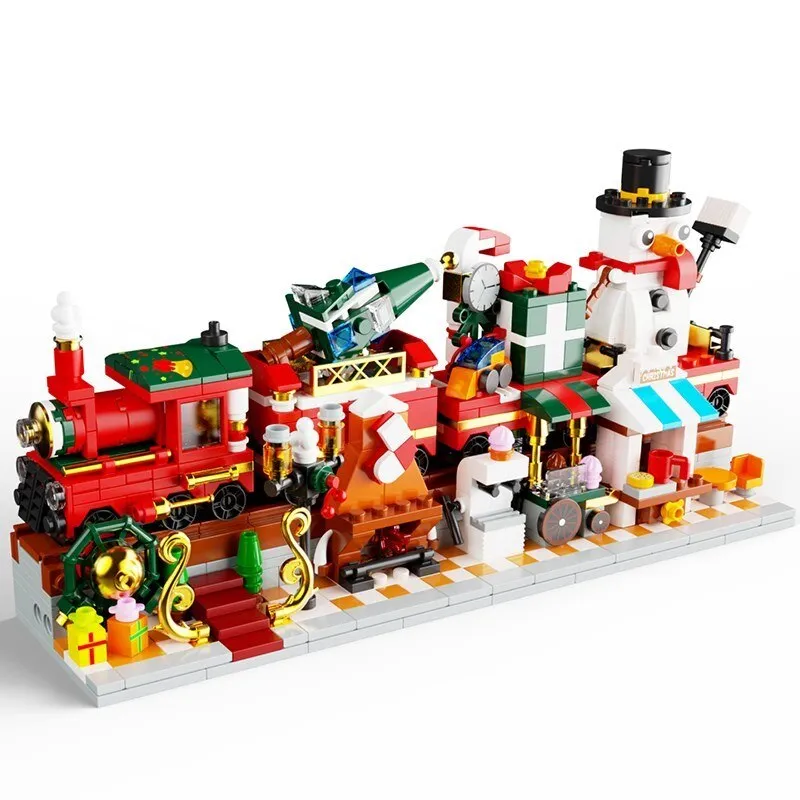 Christmas City Street View Train Building Blocks Christmas  Winter Village  Merry House Claus Bricks Toys Kids Christmas Gifts