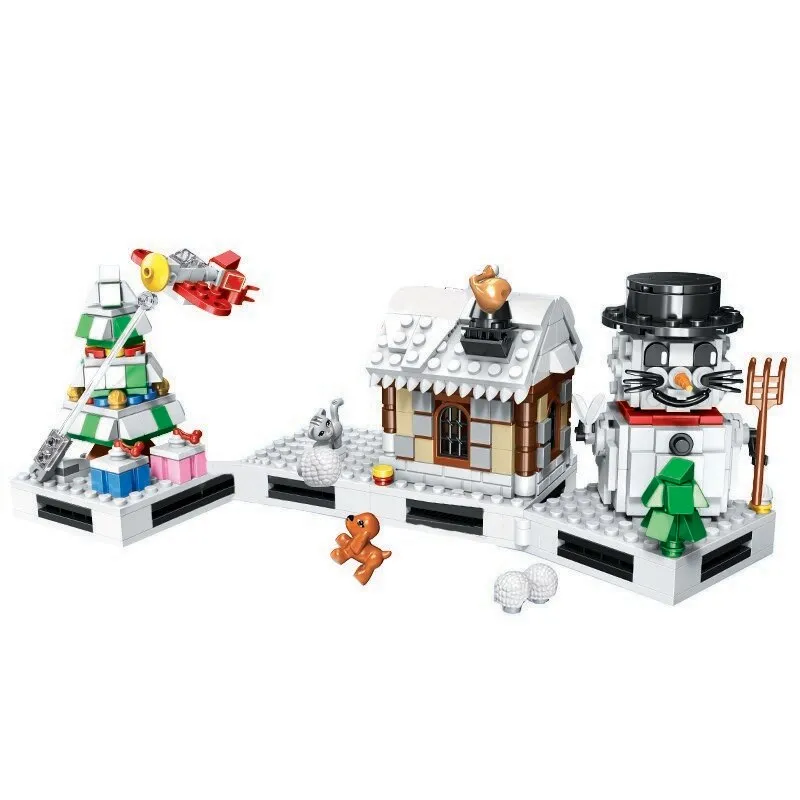 Christmas City Street View Train Building Blocks Christmas  Winter Village  Merry House Claus Bricks Toys Kids Christmas Gifts