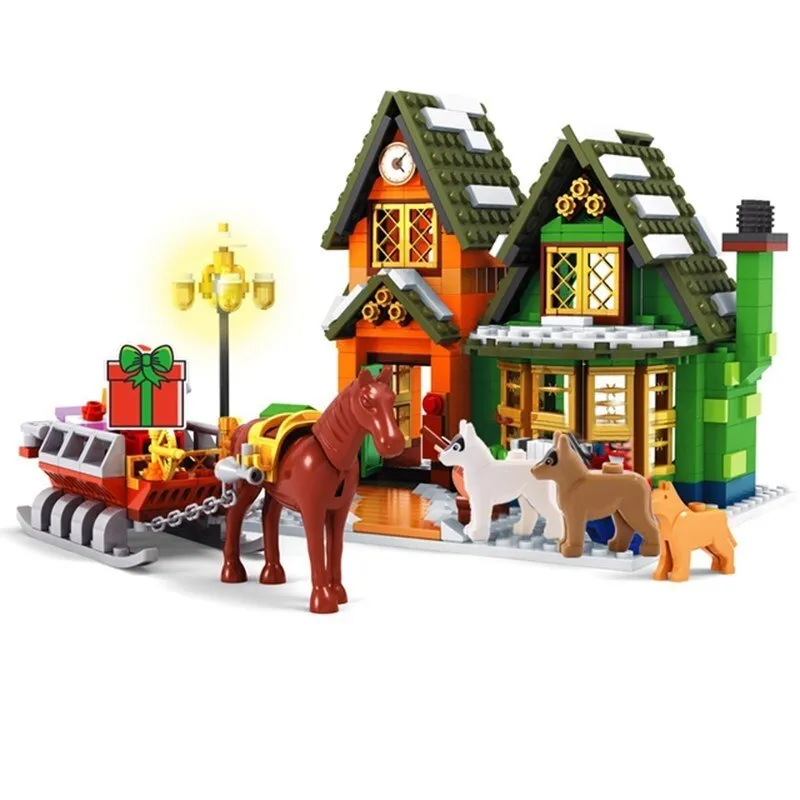 Christmas City Street View Train Building Blocks Christmas  Winter Village  Merry House Claus Bricks Toys Kids Christmas Gifts