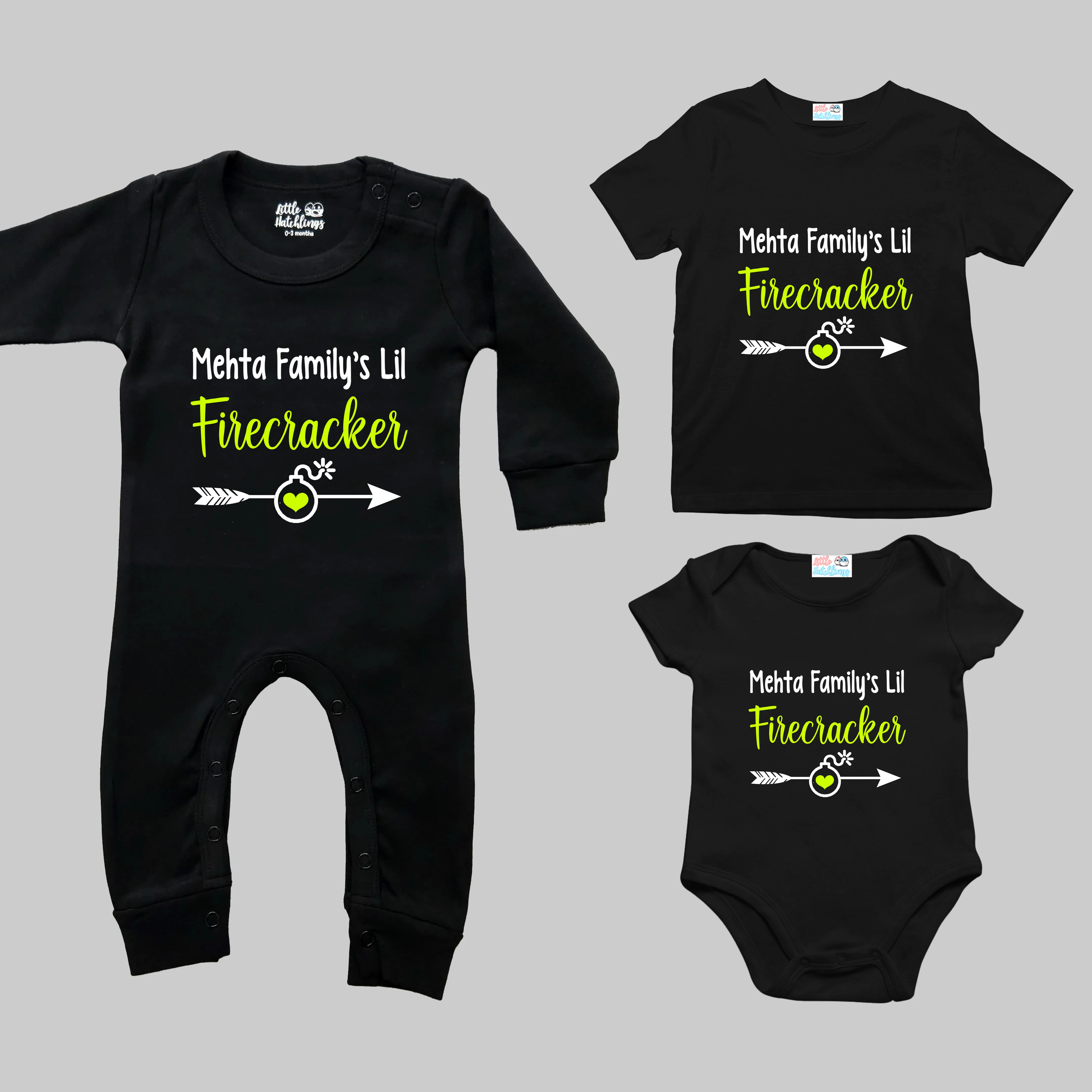 Family's Little Firecracker Black (Surname) Onesie/Full Romper/Tshirt