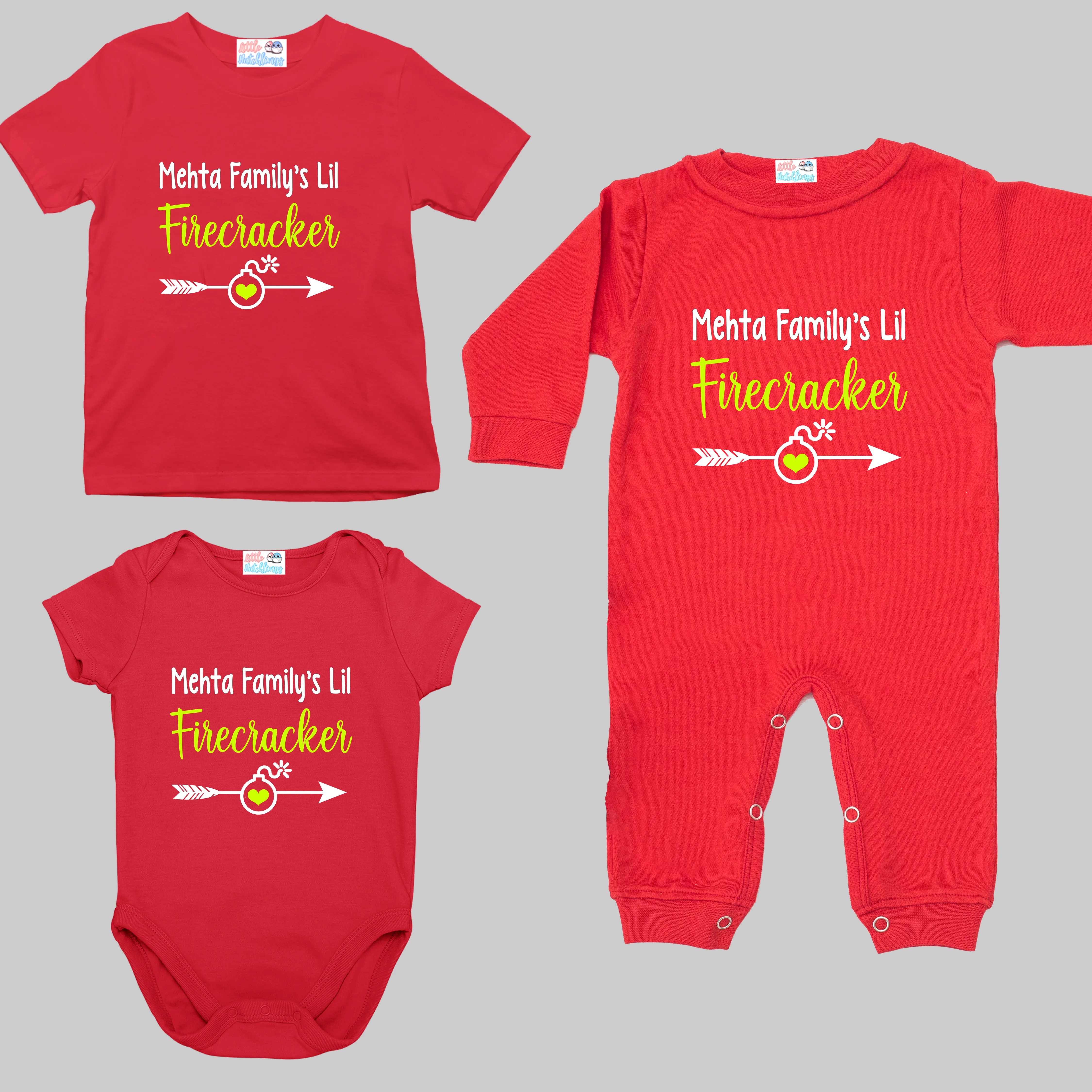 Family's Little Firecracker (Surname) Red Onesie/Full Romper/Tshirt