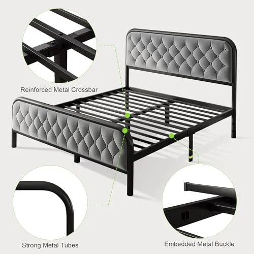 Feonase Queen Bed Frambede, Upholstered Metal Bed Frame with Diamond Tufted Headboard, Heavy Duty Metal Slats, 12" Storage Space, No Box Spring Needed, Easy Assembly, Gray