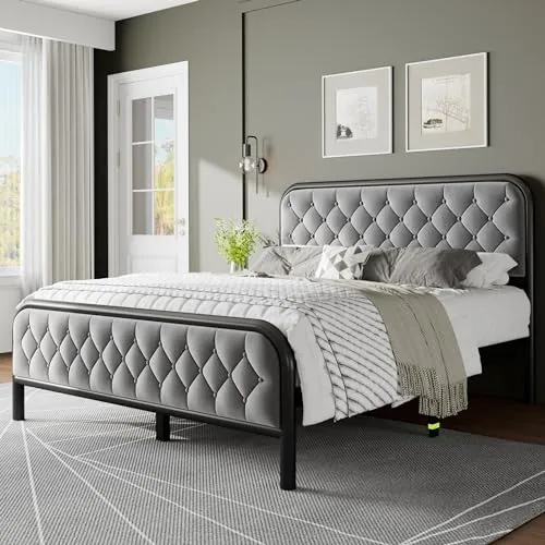 Feonase Queen Bed Frambede, Upholstered Metal Bed Frame with Diamond Tufted Headboard, Heavy Duty Metal Slats, 12" Storage Space, No Box Spring Needed, Easy Assembly, Gray