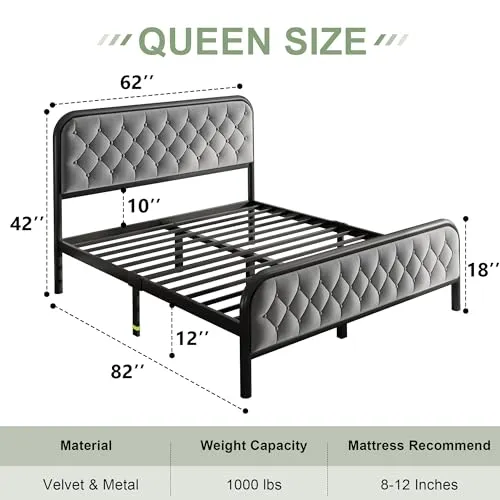 Feonase Queen Bed Frambede, Upholstered Metal Bed Frame with Diamond Tufted Headboard, Heavy Duty Metal Slats, 12" Storage Space, No Box Spring Needed, Easy Assembly, Gray