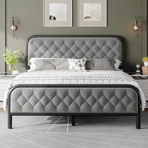 Feonase Queen Bed Frambede, Upholstered Metal Bed Frame with Diamond Tufted Headboard, Heavy Duty Metal Slats, 12" Storage Space, No Box Spring Needed, Easy Assembly, Gray