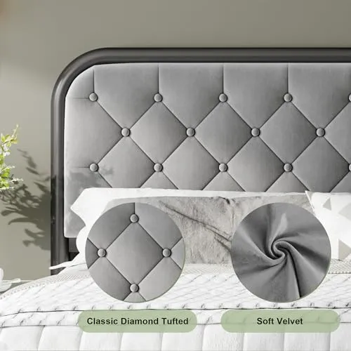 Feonase Queen Bed Frambede, Upholstered Metal Bed Frame with Diamond Tufted Headboard, Heavy Duty Metal Slats, 12" Storage Space, No Box Spring Needed, Easy Assembly, Gray