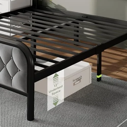 Feonase Queen Bed Frambede, Upholstered Metal Bed Frame with Diamond Tufted Headboard, Heavy Duty Metal Slats, 12" Storage Space, No Box Spring Needed, Easy Assembly, Gray