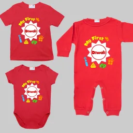First Diwali Multi Icons Red Onesie/Full Romper/Tshirt