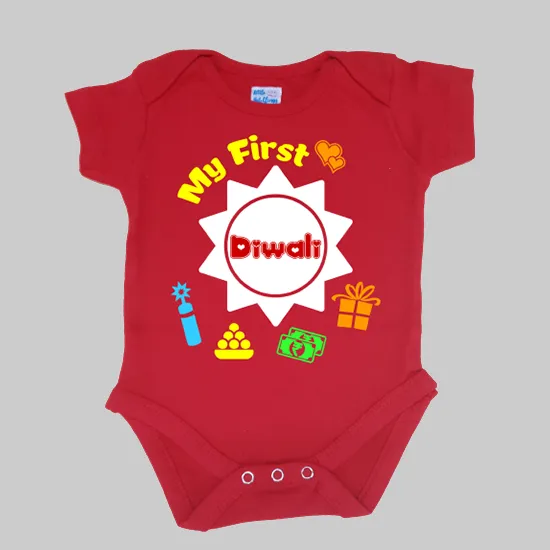 First Diwali Multi Icons Red Onesie/Full Romper/Tshirt