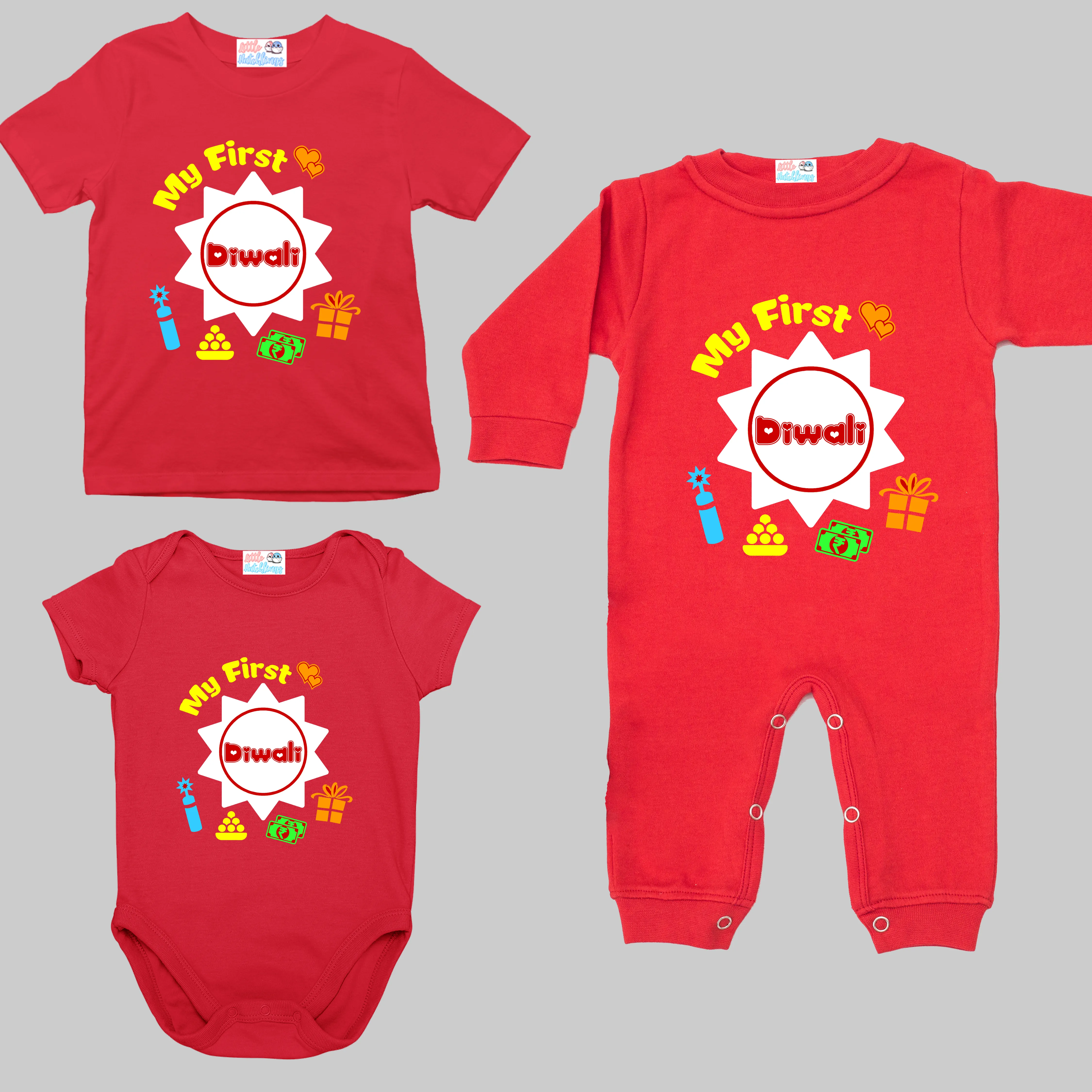 First Diwali Multi Icons Red Onesie/Full Romper/Tshirt