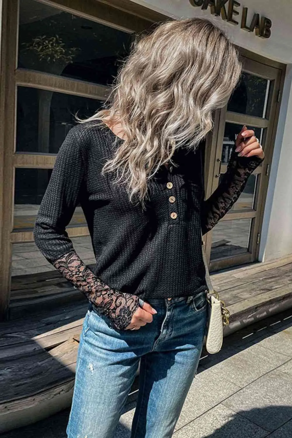 Half Button Spliced Lace Waffle-Knit Top