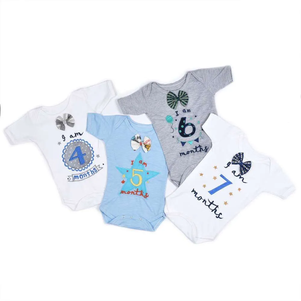 Hand Embroidered Milestone Romper Set of 12 - Bow Tie