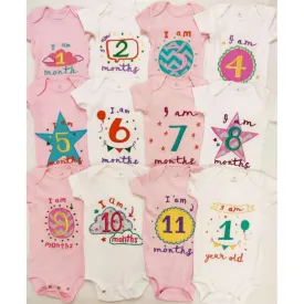 Hand Embroidered Milestone Romper Set of 12 - Bubble thoughts - Pink White Pink Combination