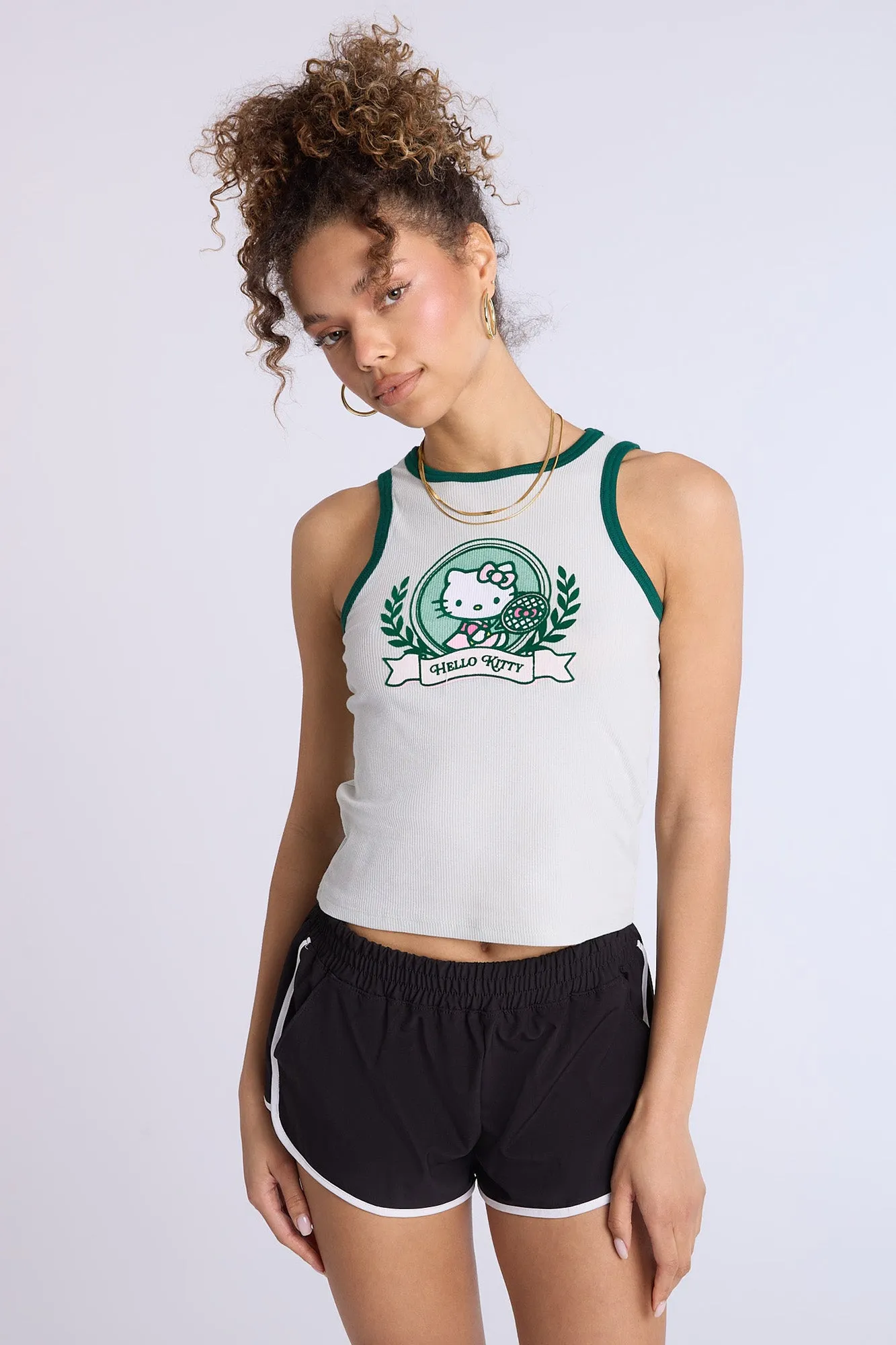 Hello Kitty Crest Graphic Ribbed High Neck Tank Top