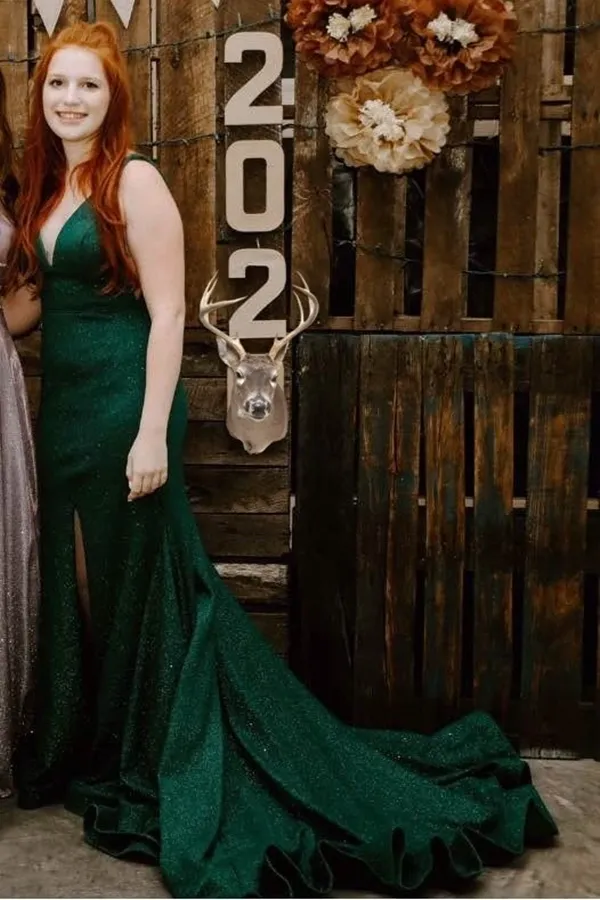 Kateprom Mermaid Front Split Green Sequin Shiny Long Prom Dresses KPP1423
