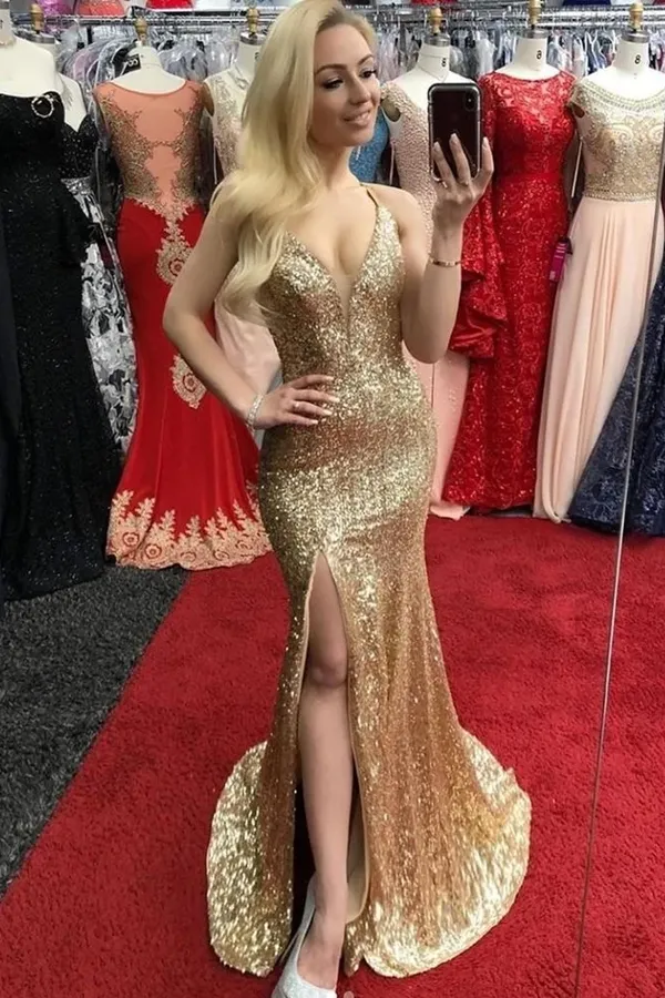 Kateprom Sexy Sheath Front Split Long Sequin Shiny Prom Dresses Party Dress KPP1358
