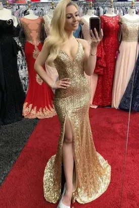 Kateprom Sexy Sheath Front Split Long Sequin Shiny Prom Dresses Party Dress KPP1358