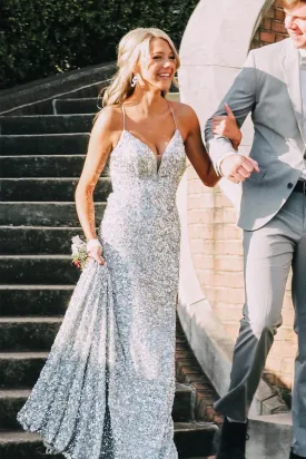 Kateprom Silver Sequin Spaghetti Straps Mermaid Long Prom Dresses, Backless Evening Gown KPP1605