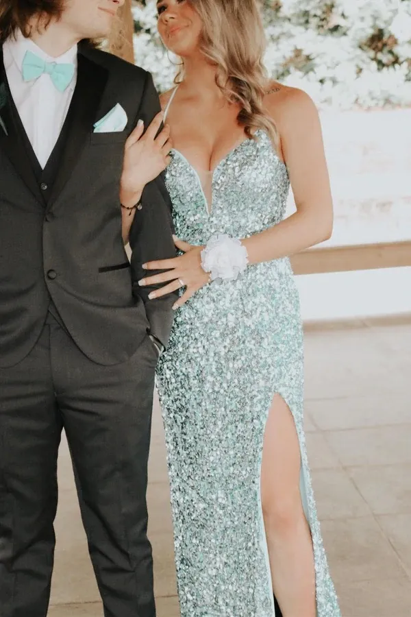 Kateprom Silver Sequin Spaghetti Straps Mermaid Long Prom Dresses, Backless Evening Gown KPP1605
