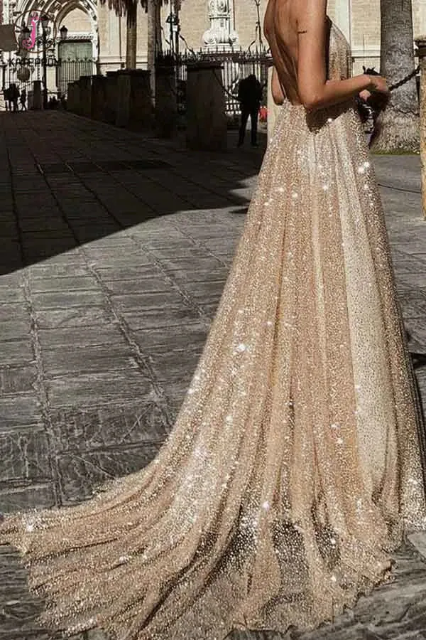 Kateprom Sparkly Backless Plunging Neckline Sequin Long Prom Evening Dress KPP1260
