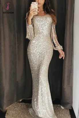 Kateprom Unique Mermaid Evening Dress with Tassel Sleeve, Sequin Maxi Prom Dress KPP1079