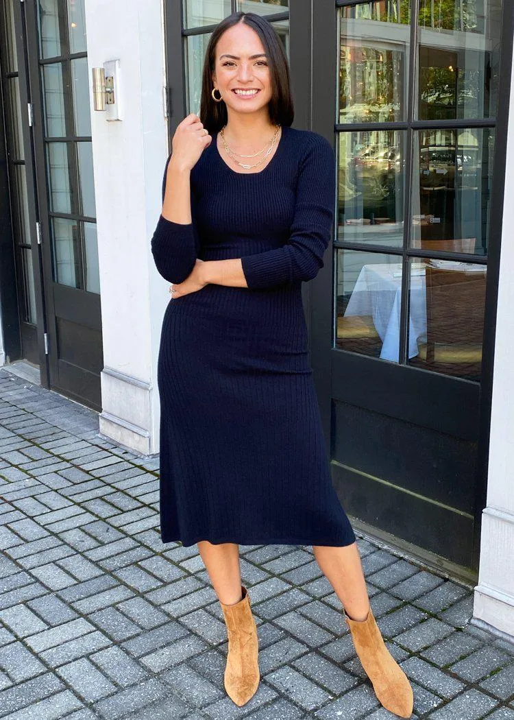 Lily Ribbed Midi Dress-Black
