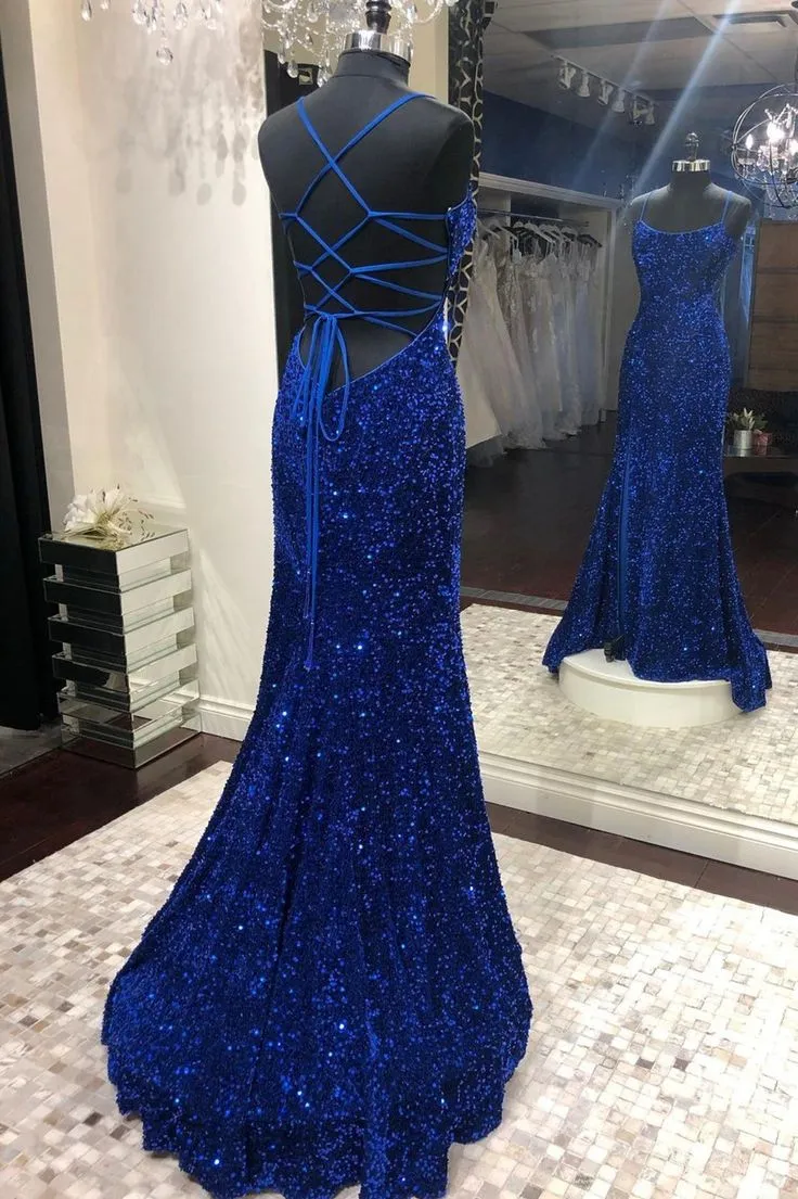 Mermaid Sequins Long Prom Dresses, Blue Backless Evening Dresses  S1879