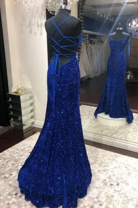 Mermaid Sequins Long Prom Dresses, Blue Backless Evening Dresses  S1879