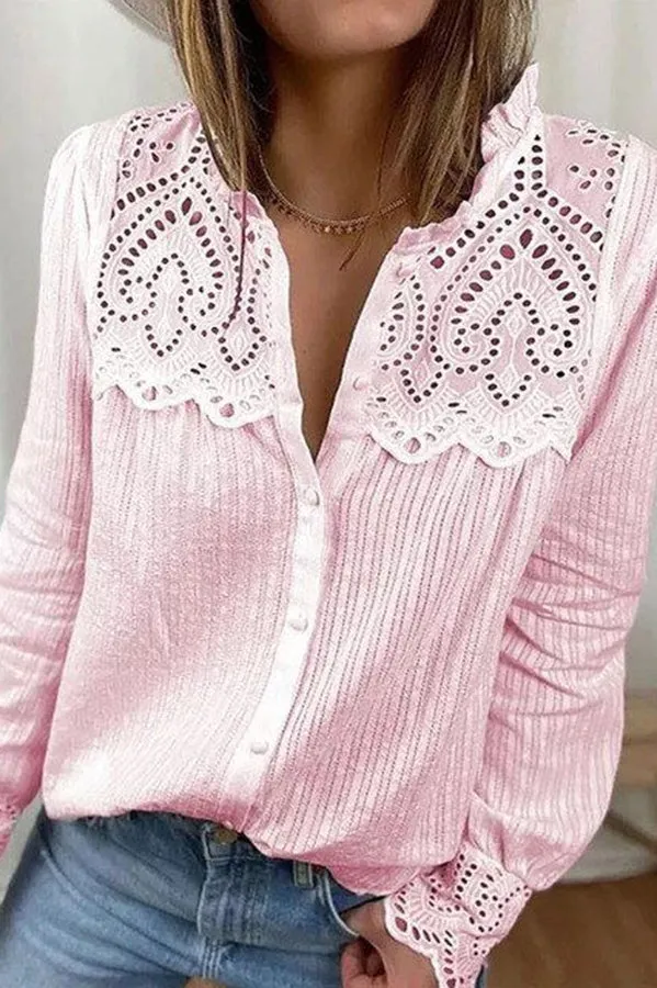 Novakiki Fulfilled Heart Lace Button Ruffle Neck Blouse