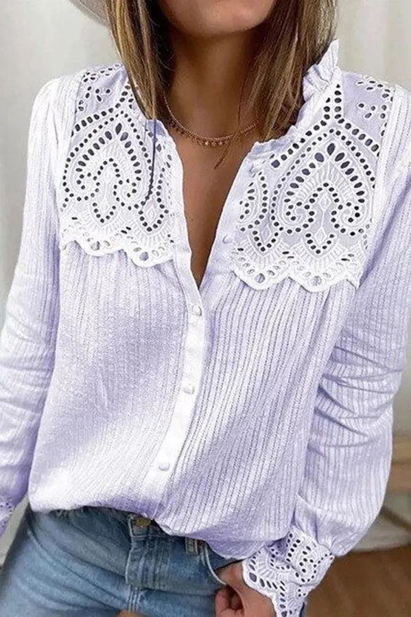 Novakiki Fulfilled Heart Lace Button Ruffle Neck Blouse