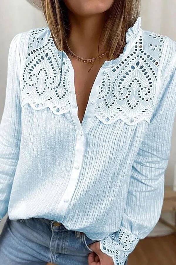 Novakiki Fulfilled Heart Lace Button Ruffle Neck Blouse