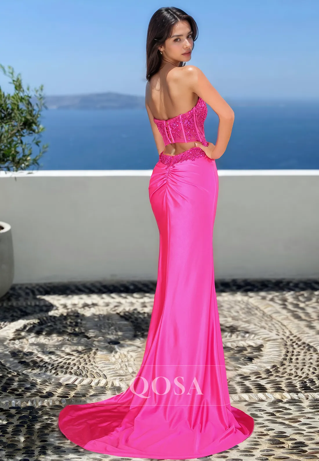 Scoop-Neck Off-Shoulder Sleeveless Satin Mermaid Prom Dress Beaded Sequined Applique Evening Dress