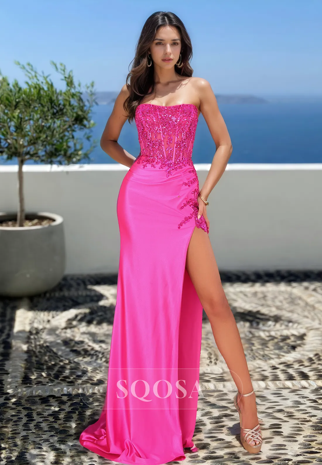 Scoop-Neck Off-Shoulder Sleeveless Satin Mermaid Prom Dress Beaded Sequined Applique Evening Dress