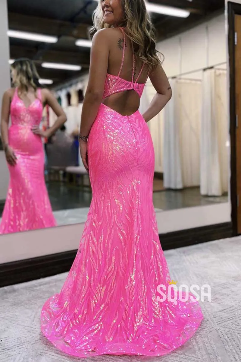 Sexy V-Neck Spaghetti Straps Sequined Appliques Trumpet Party Prom Evening Dress QP3457