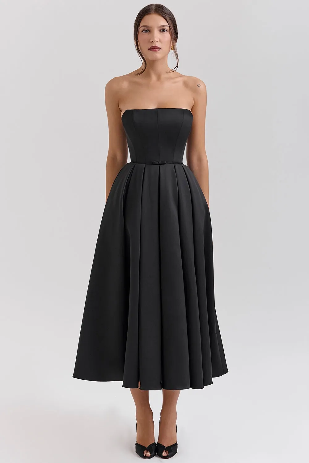Strapless Satin Corset Midi Dress - Black