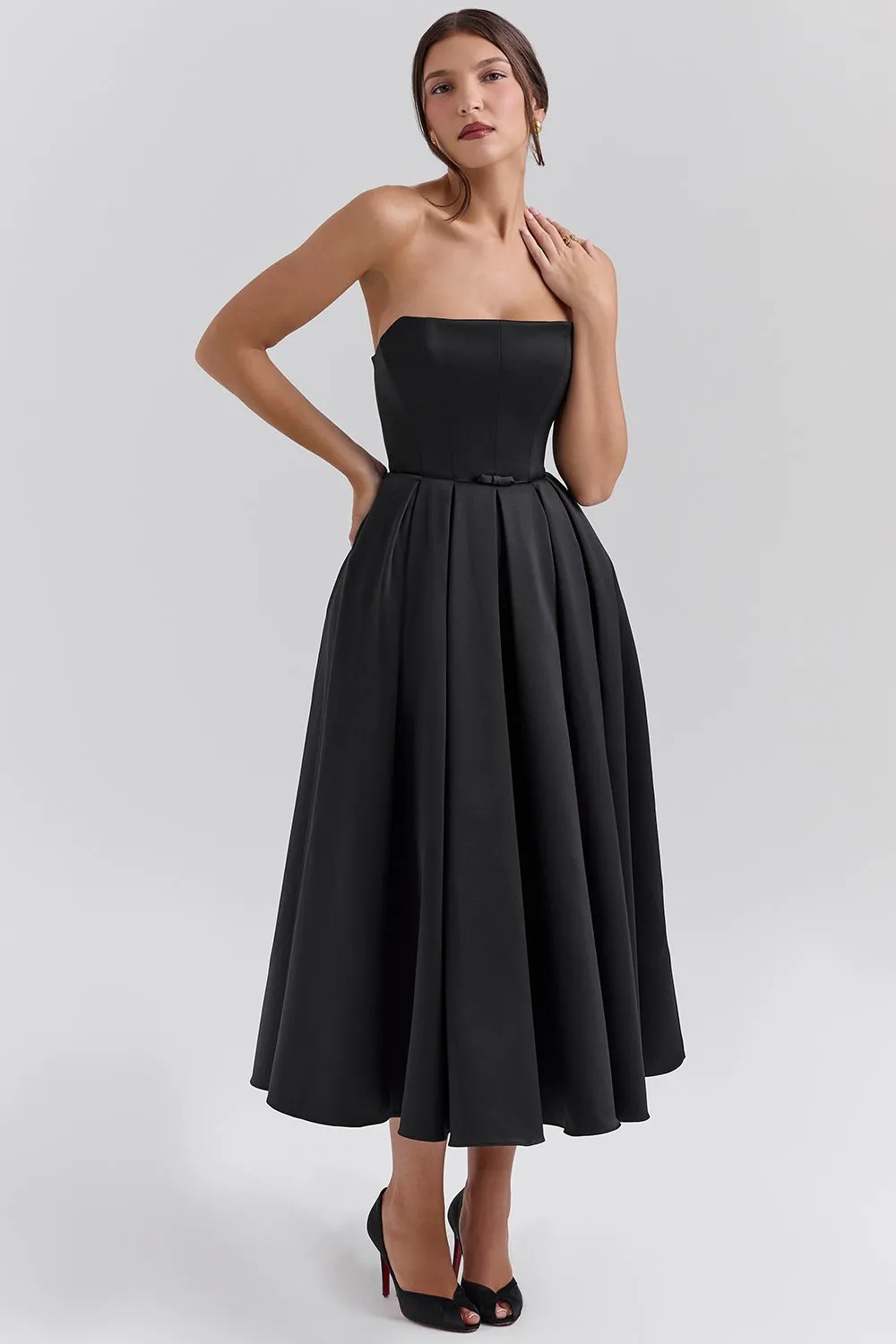 Strapless Satin Corset Midi Dress - Black