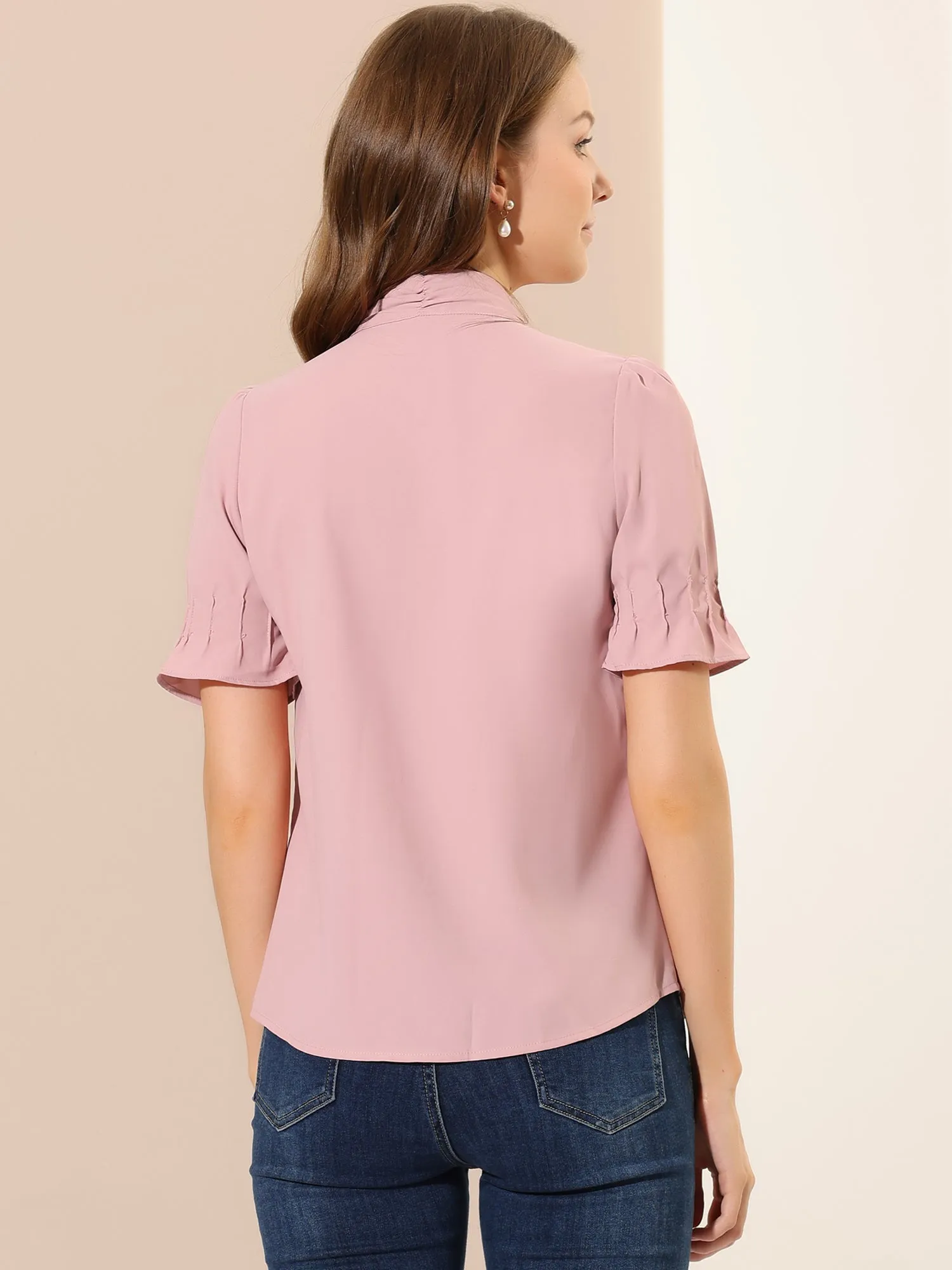 Tie Neck Work Top Puff Sleeve Blouse Eleagnt Button Down Shirt