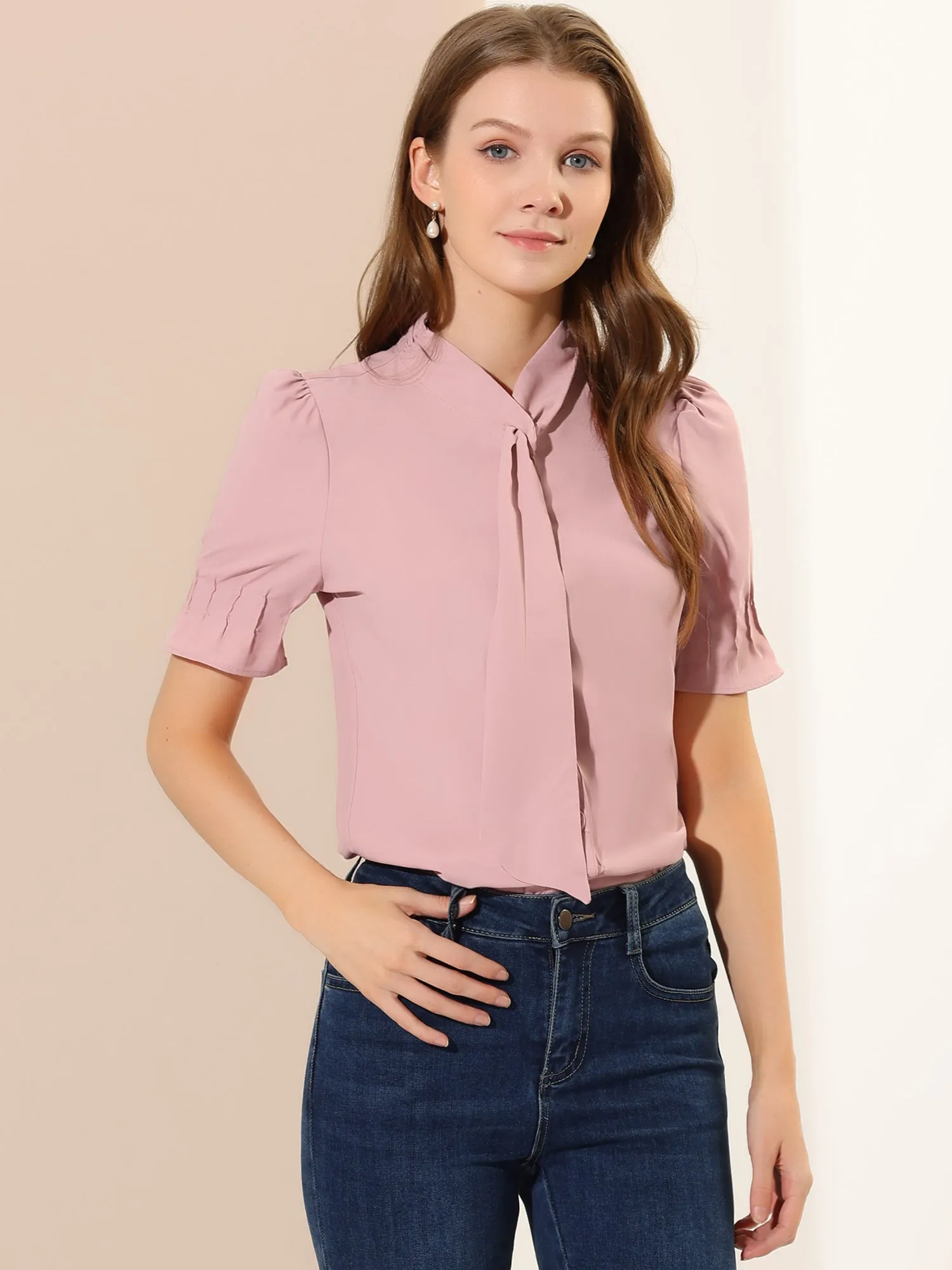 Tie Neck Work Top Puff Sleeve Blouse Eleagnt Button Down Shirt