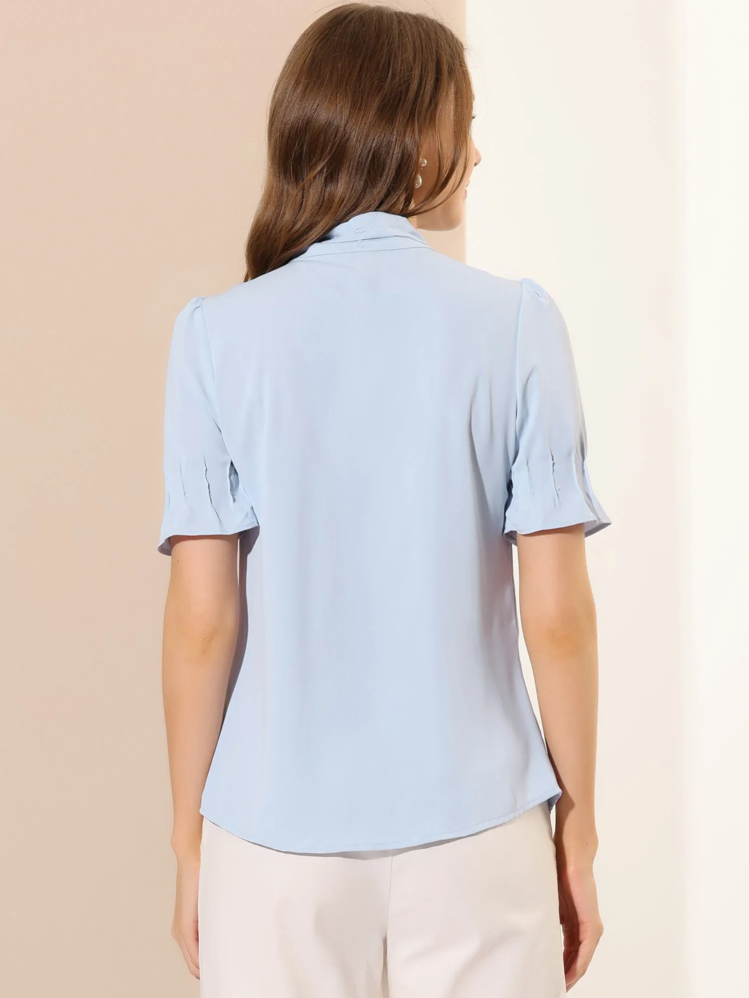 Tie Neck Work Top Puff Sleeve Blouse Eleagnt Button Down Shirt