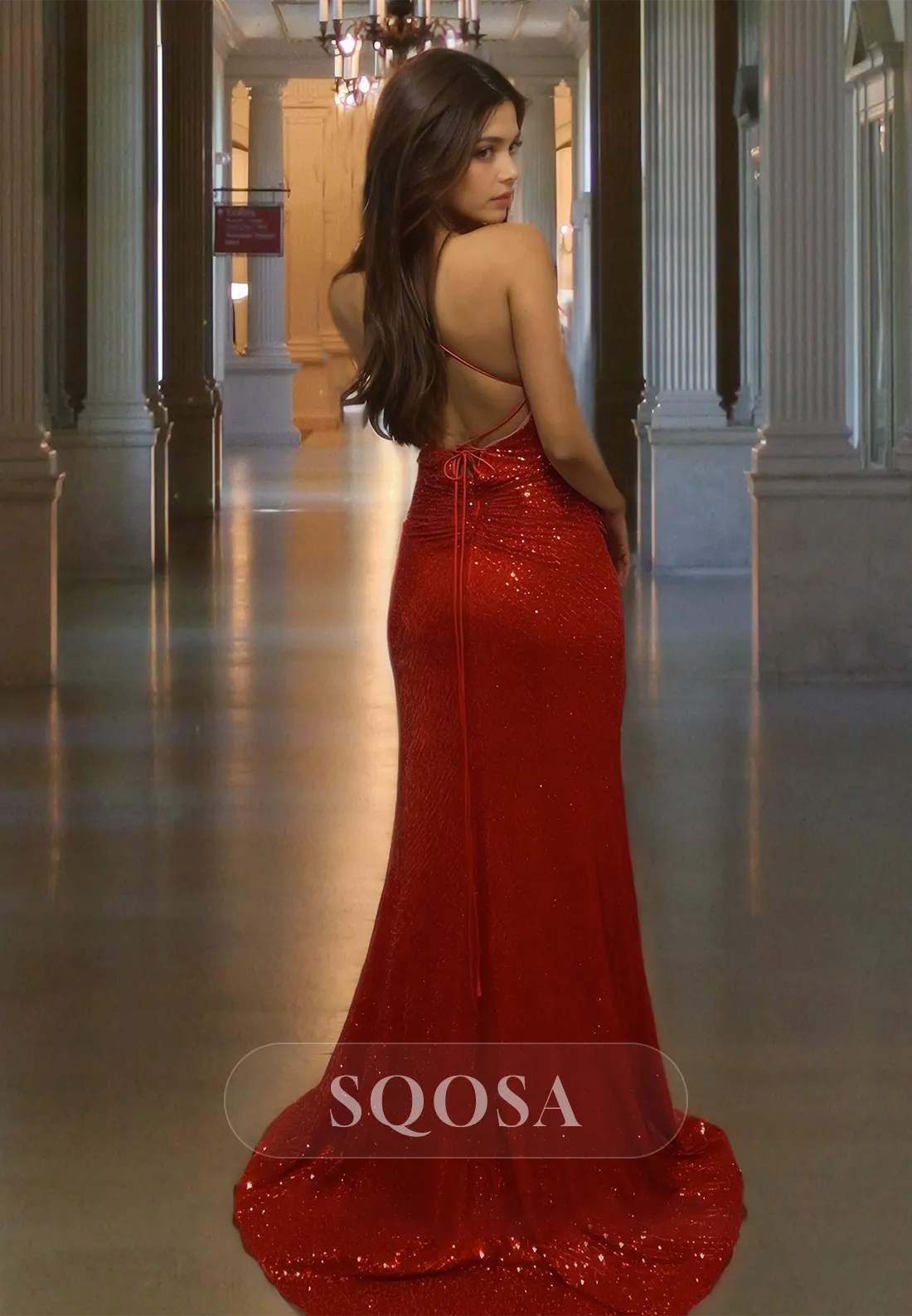 V-Neck Spaghetti Straps Mermaid Prom Dress with Sweep Train Sleeveless Pleated Allover Sequins Evening Gowns