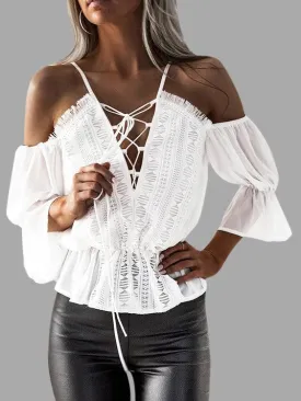White Lace-up Details Cold Shoulder Tight Waist Blouses